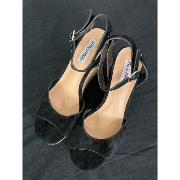 Steve Madden Black‎ Suede Wedge Heels Platform Ankle Strap Party Size 8.5 - Picture 6 of 13